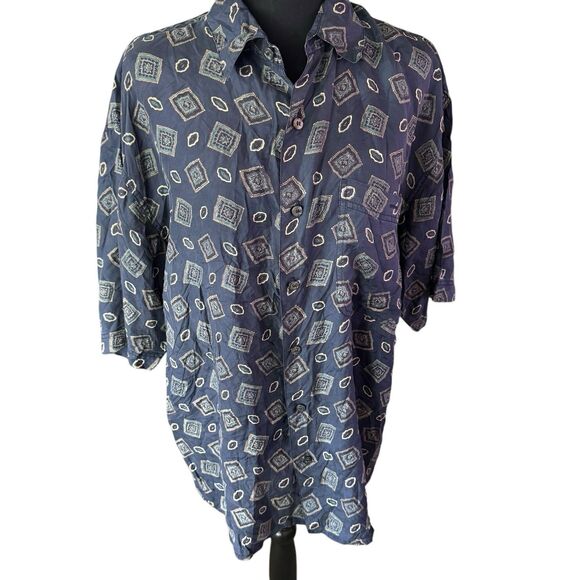 100% Other - Vintage Porcini  Retro Abstract 100% Silk Button Down Short sleeve L‎